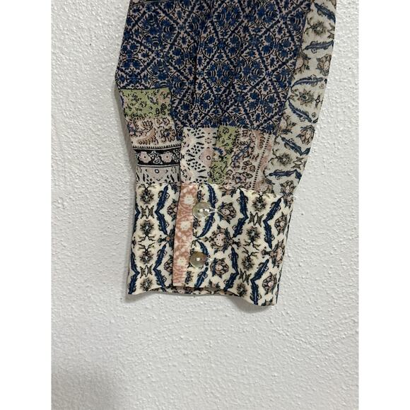 Rose + Olive Faux Patchwork Lightweight Blouse L Blue Pink Coquette Boho - Picture 3 of 11